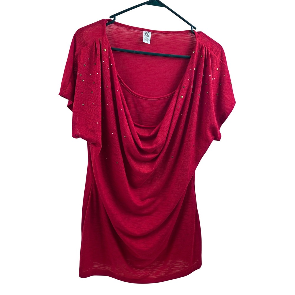 Hybrid Drape Neck Top 1X Red Studded Short Sleeve Cowl Neck Womens